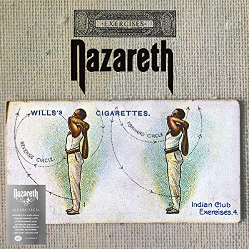 "Nazareth album cover featuring illustration of man exercising with Indian clubs on cigarette card."