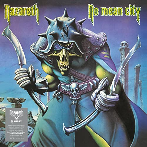 Album cover for Nazareth’s “No Mean City” featuring a menacing, armored skull warrior.