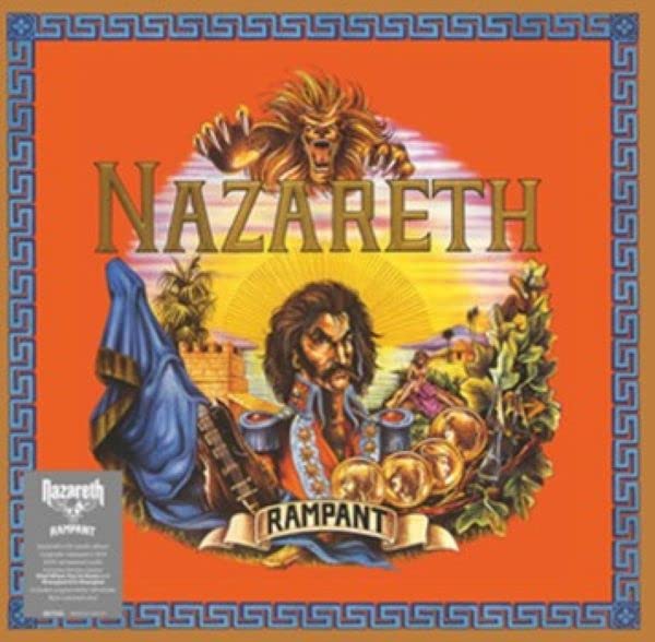 Nazareth “Rampant” CD cover: orange background, lion, and figures in landscape.