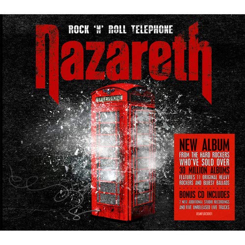 Red telephone booth exploding with the band name "Nazareth" prominently displayed above it.