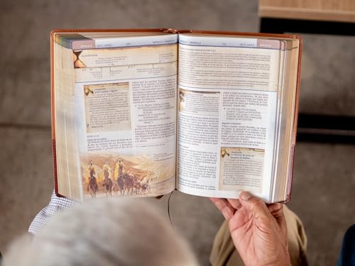 Open brown leather-look study Bible with detailed text and illustrations.