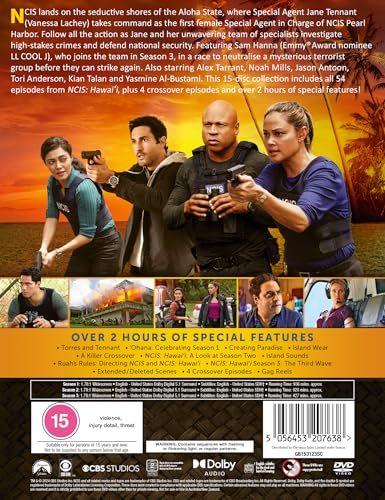 Back cover of NCIS Hawaii DVD collection featuring cast members and special features list.