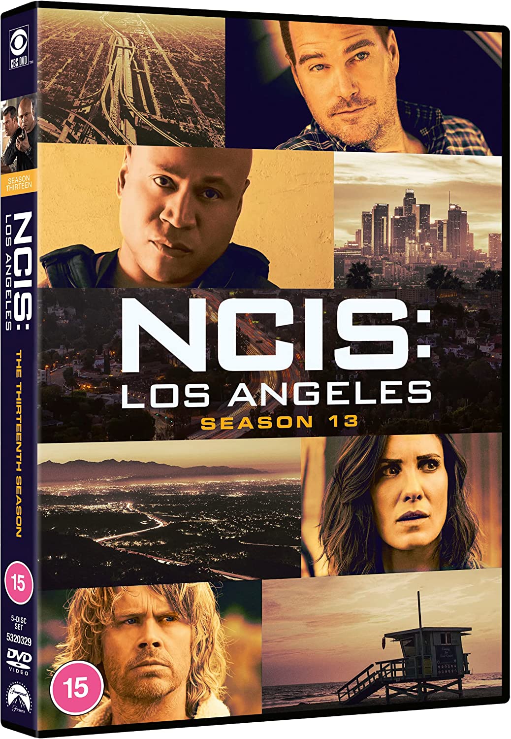 NCIS: Los Angeles Season 13 DVD cover with cast photos and city skyline.