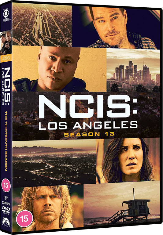 NCIS: Los Angeles Season 13 DVD cover with cast photos and city skyline.