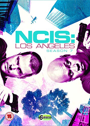 "NCIS: Los Angeles Season 7 DVD cover featuring two men holding guns, cityscape background."