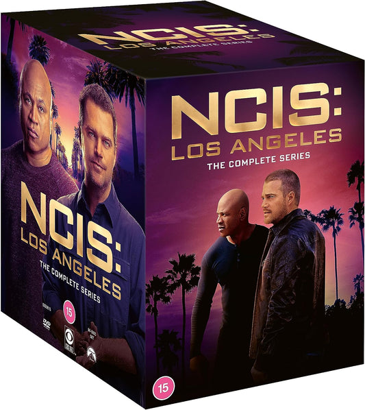DVD box set of NCIS: Los Angeles featuring two lead actors against palm trees.