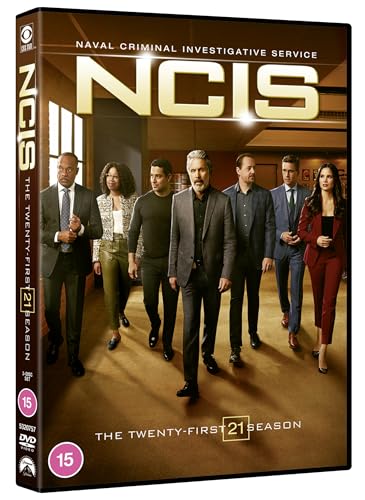 NCIS Season 21 DVD cover featuring the show’s cast in professional attire.