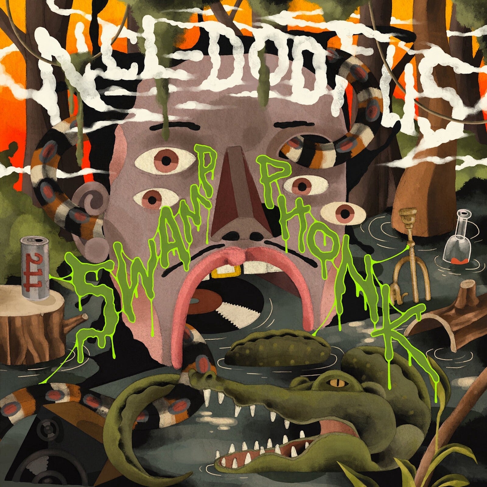 Stylized illustration of a face in a swamp with an alligator.