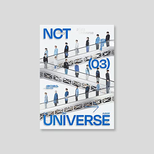 NCT album cover featuring group members on escalators, text “Universe”.