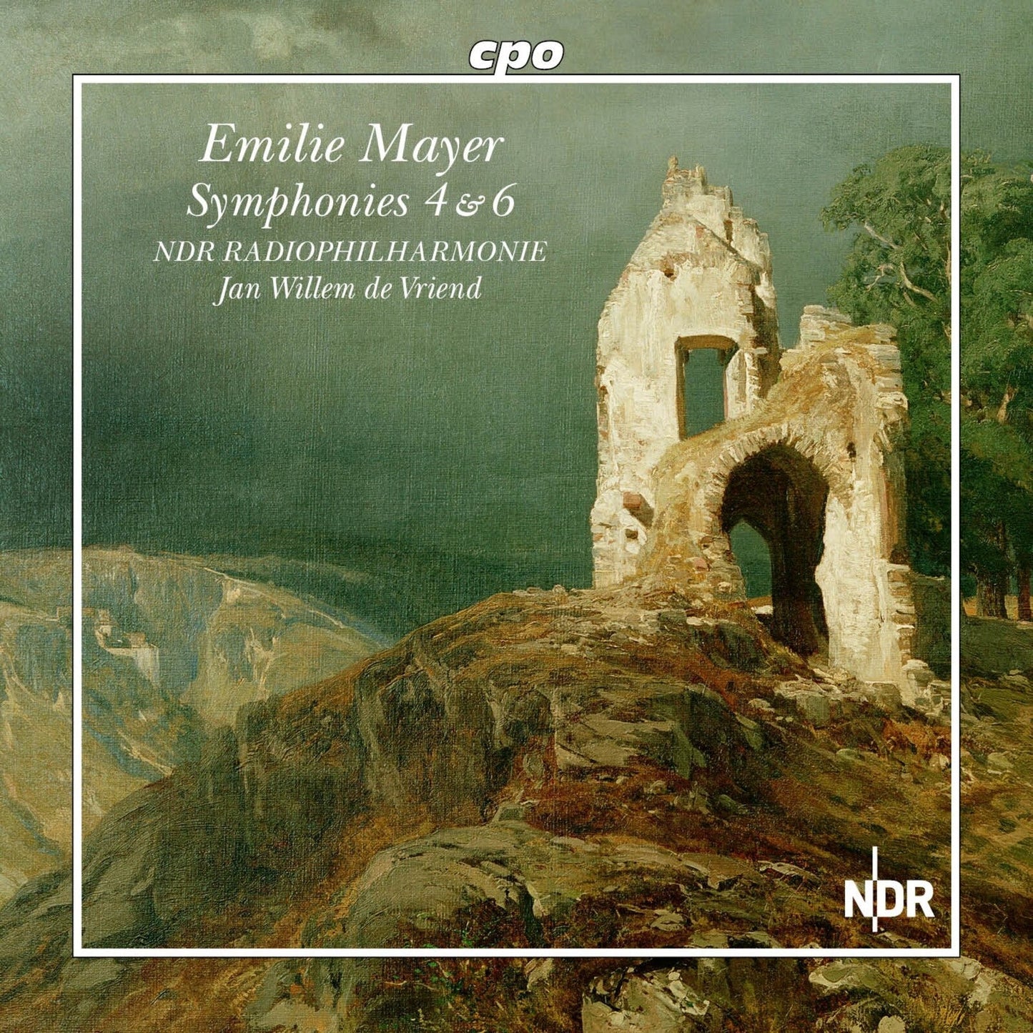 CD cover: Emilie Mayer symphonies with a painting of a stone ruin.