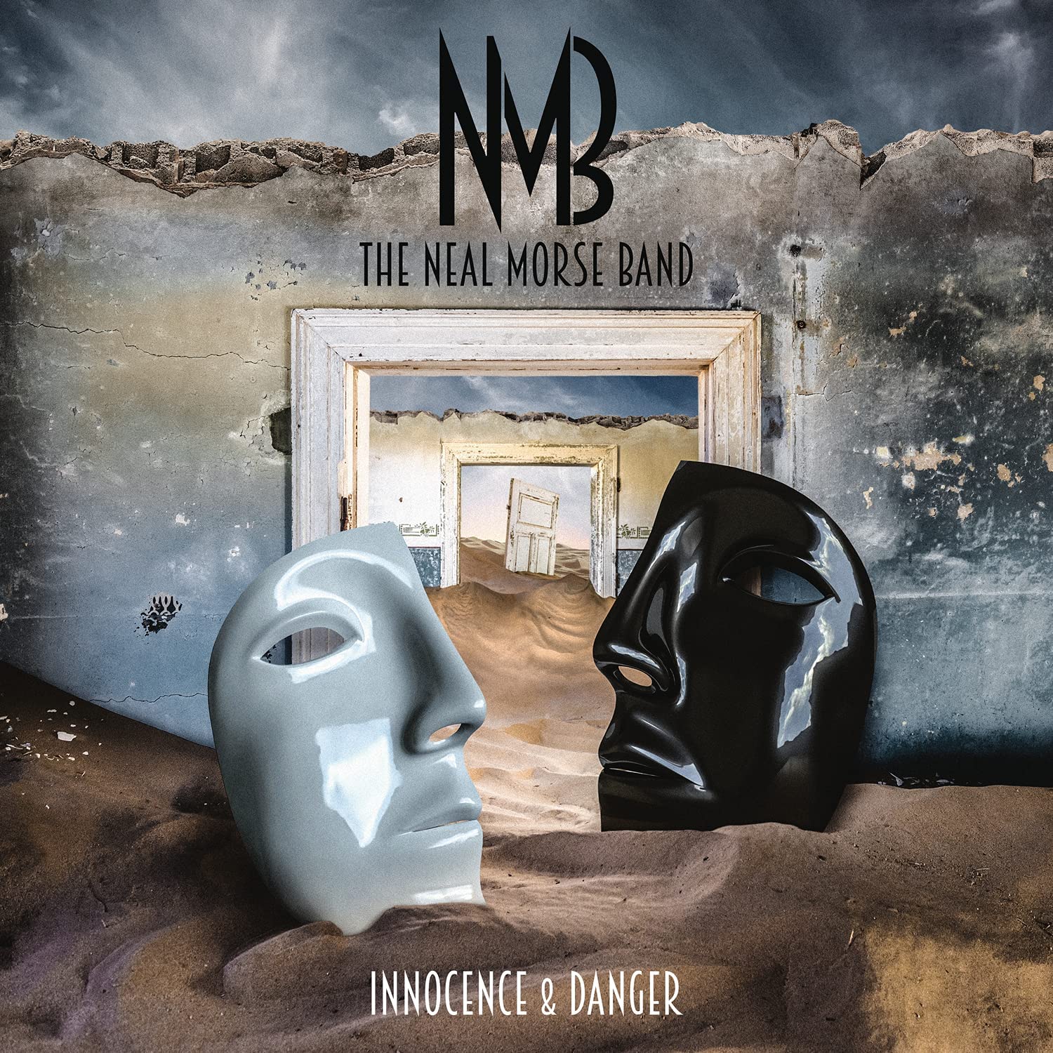 "Album cover with two masks in sand, doorway in crumbling wall, dark cloudy sky."