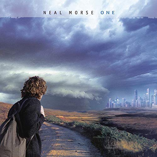 Neal Morse "One" album cover: person views distant city under stormy sky.