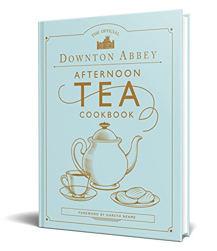 Light blue cookbook cover titled Downton Abbey Afternoon Tea with gold teapot and teacup illustration.