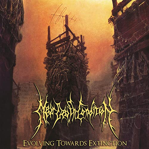 A tower of skeletons stands in a desolate, orange-hued landscape with stylized band lettering.