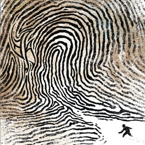 Abstract swirling black and beige lines with a tiny silhouetted figure.