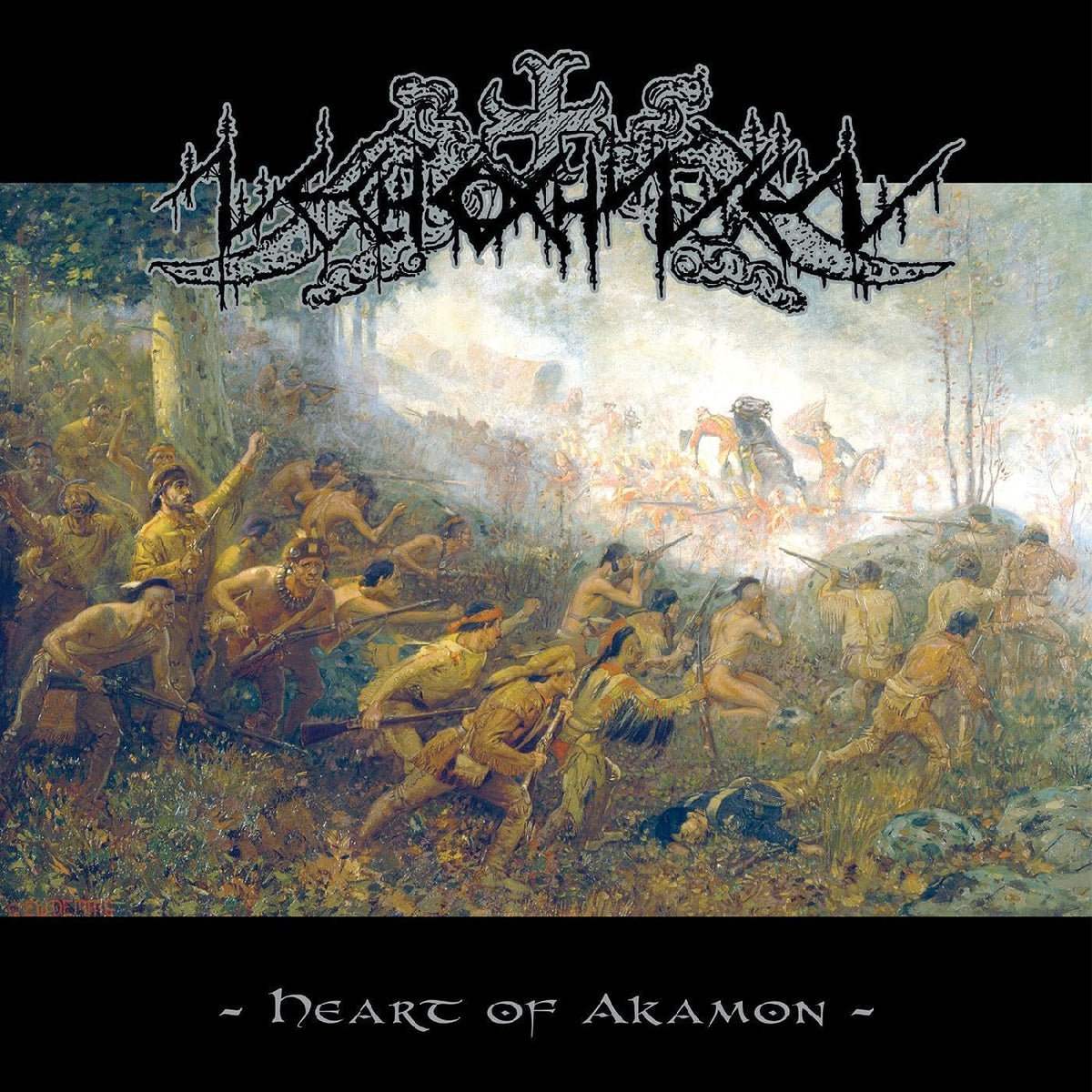 Vinyl album cover: historical battle scene with ornate band logo.