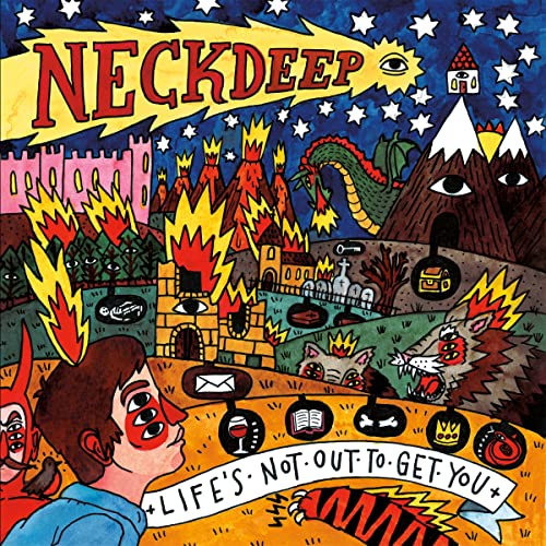 Colorful, surreal cartoon album art featuring a three-eyed person, a dragon, and burning buildings.