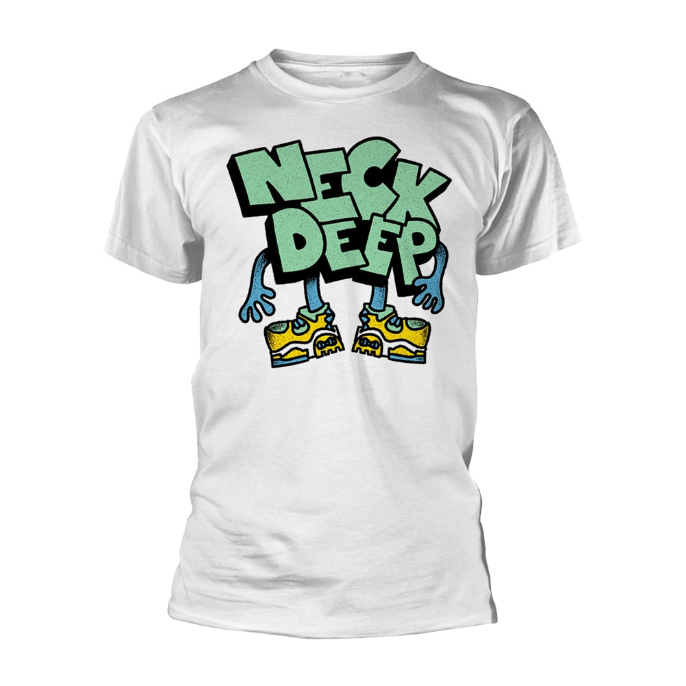 White t-shirt with "NECK DEEP" text and cartoon phone graphics.