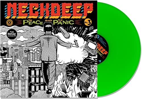 Neck Deep album cover with neon green vinyl record beside it.
