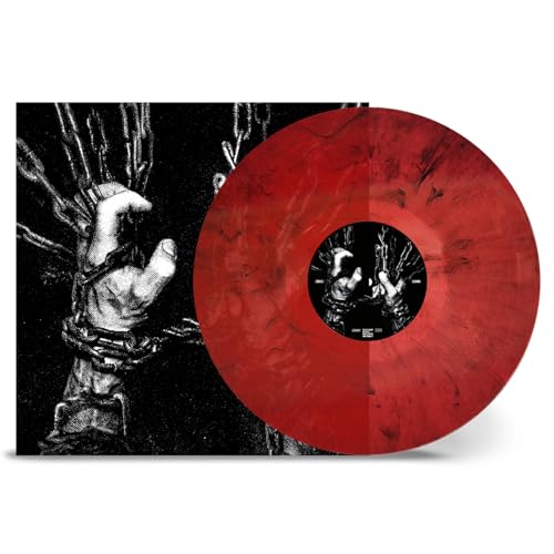 Red marbled vinyl record next to a cover featuring a hand in chains.