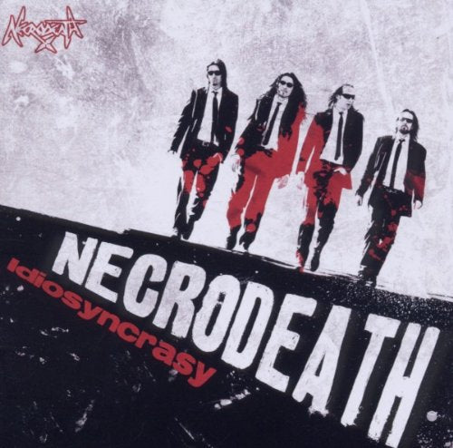 Necrodeath album cover: four figures in suits walking on a red background.