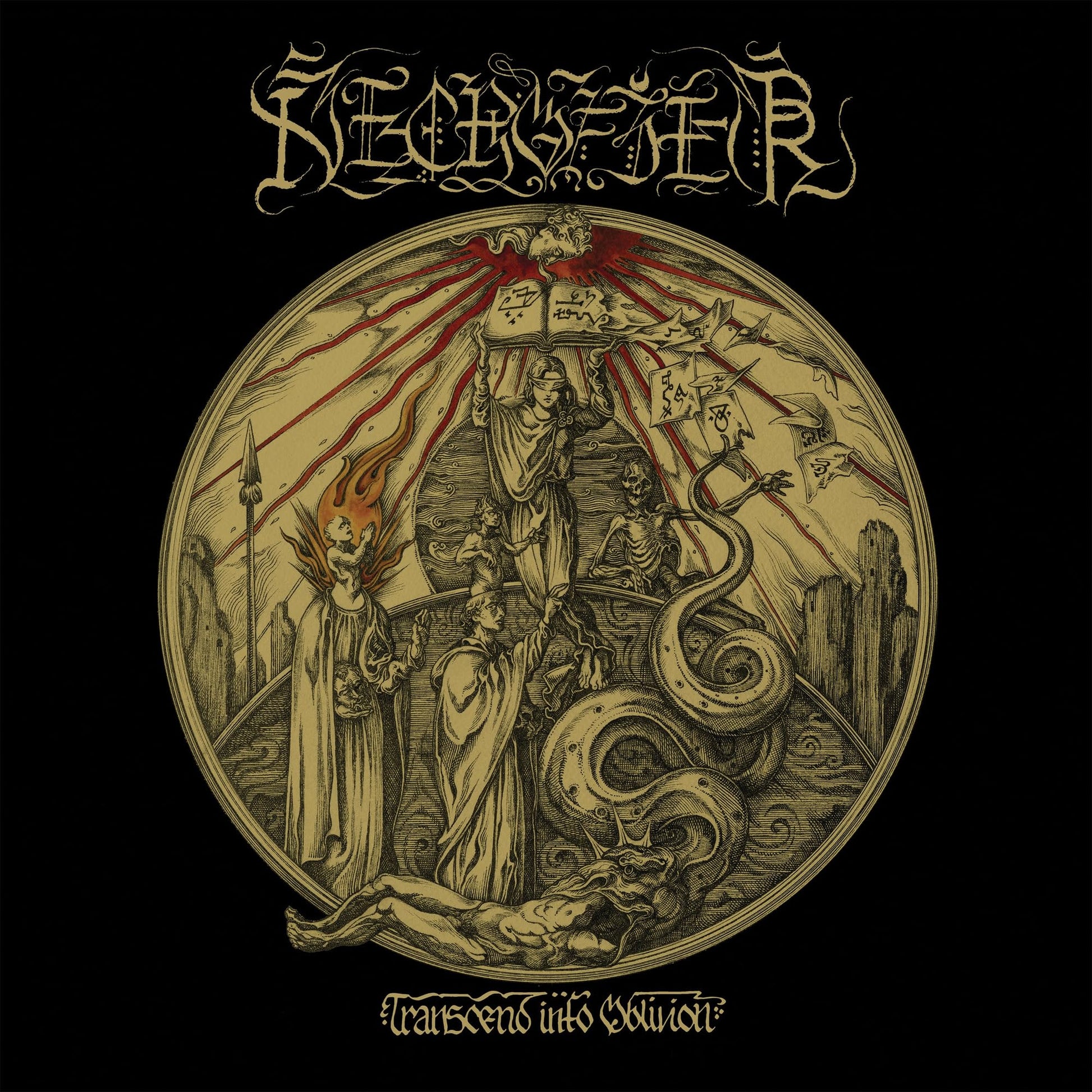 Necrofier CD cover: detailed, sepia-toned illustration of figures and a serpent.
