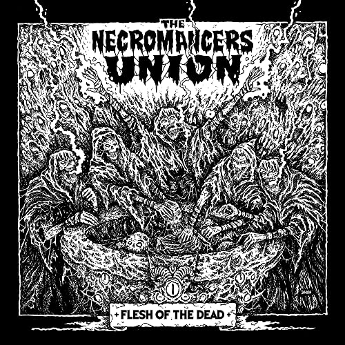 Black and white illustration of hooded figures surrounded by chaotic detail.