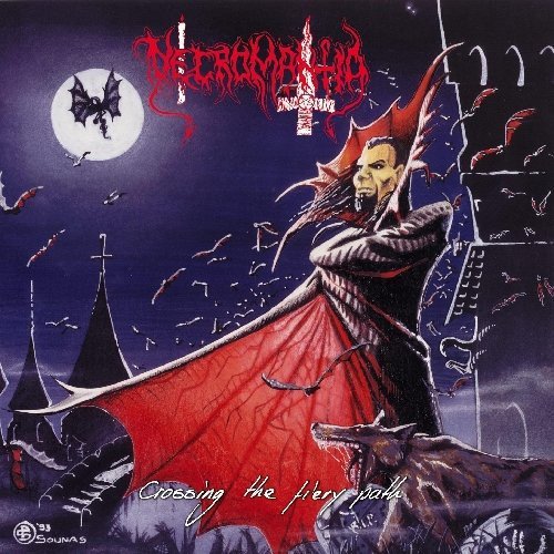 "Album cover art featuring a dark, gothic scene with a red-draped figure and bats."
