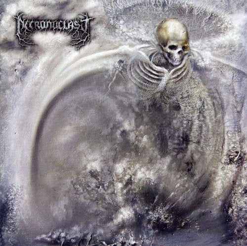 Dark album cover featuring a skeletal figure emerging from smoke.