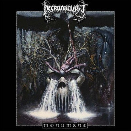 Dark album cover with skeletal figures and a skull-shaped waterfall.