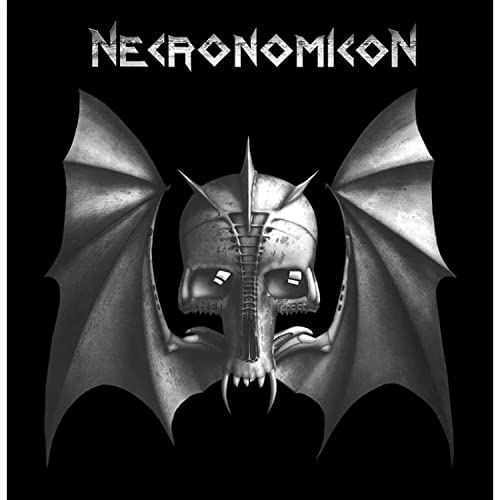 Silver skull with bat-like wings against a black background.