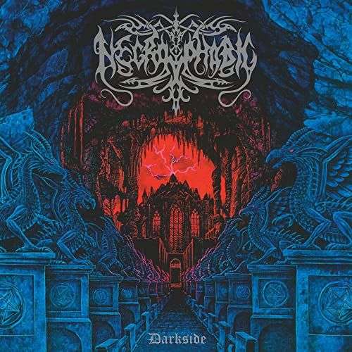 Dark album cover with gothic architecture, demonic figures, and red sky.