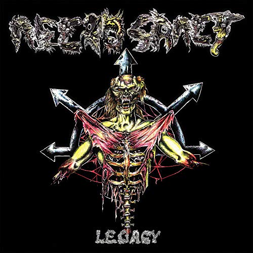 Necrosanct “Legacy” CD cover: grotesque, illustrated figure with arrows.