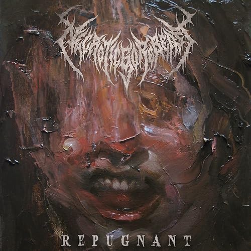 CD cover for Necroticgorebeast - Repugnant, featuring distorted, bloody facial imagery.