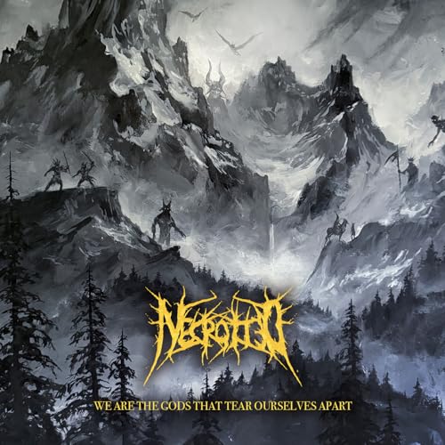 Dark fantasy album cover with jagged mountains and skeletal figures.