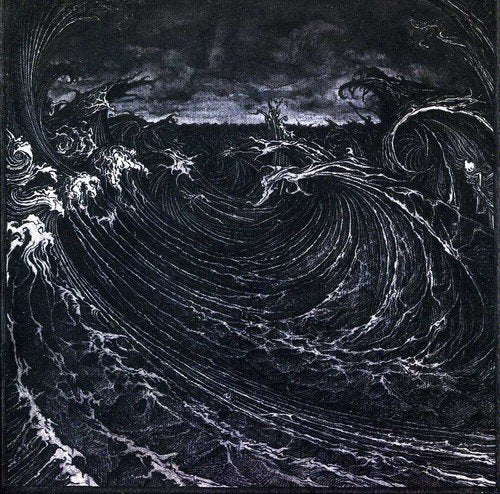 Dark, swirling ocean waves with ghostly figures in a stormy sky.