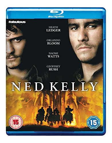 Ned Kelly" Blu-ray cover featuring Heath Ledger and a fiery horseback scene.