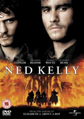 DVD cover for Ned Kelly featuring close-ups of actors and silhouettes of riders in fire.