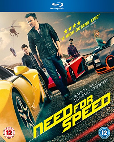 Need For Speed" Blu-ray cover featuring actors and fast cars.