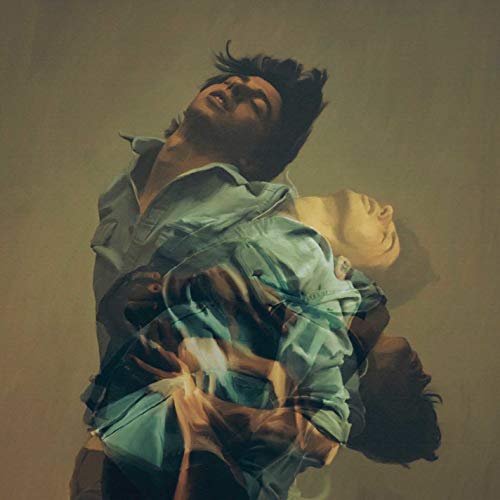A double-exposure painting of a man in a blue shirt with his head tilted back.