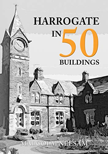 Book cover featuring a sketched clock tower and the title "Harrogate in 50 Buildings".
