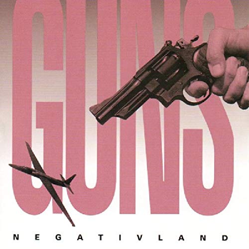 Hand holding a revolver over a small airplane against a pink background with text.