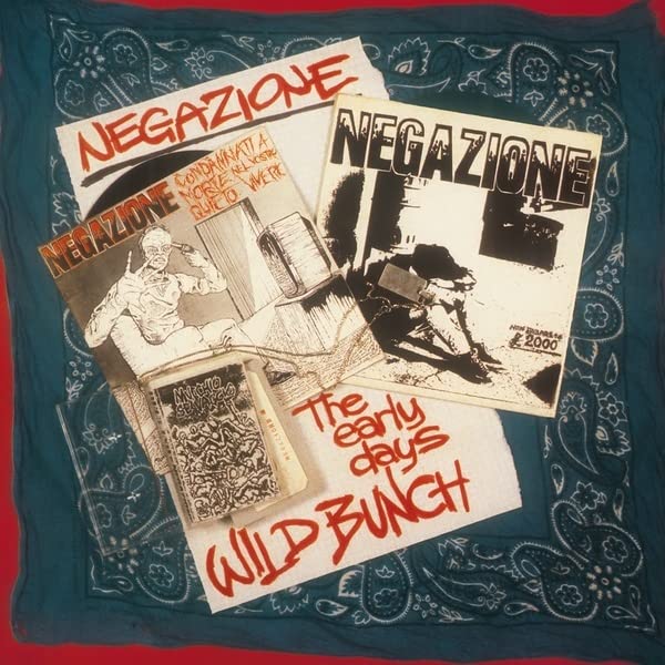 Vinyl records and cassette tapes by Negazione on a blue bandana.