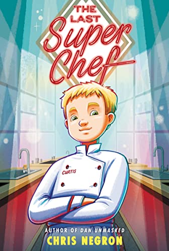 Book cover: young chef Curtis with red title and kitchen background.