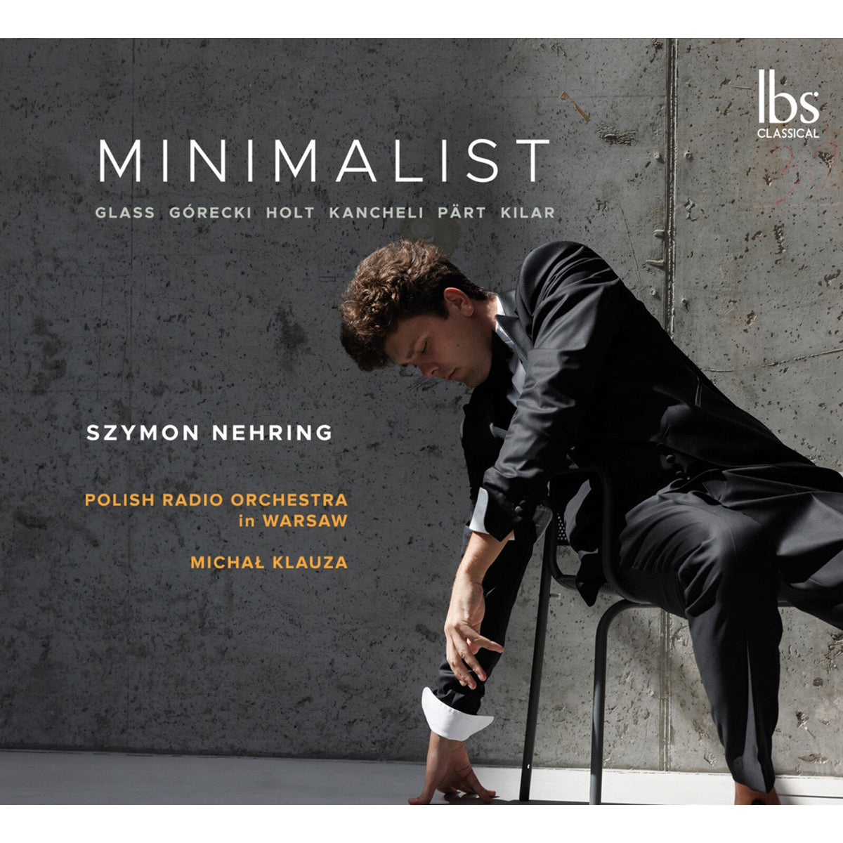 CD cover: Man in suit with violin, minimalist design, grey background.