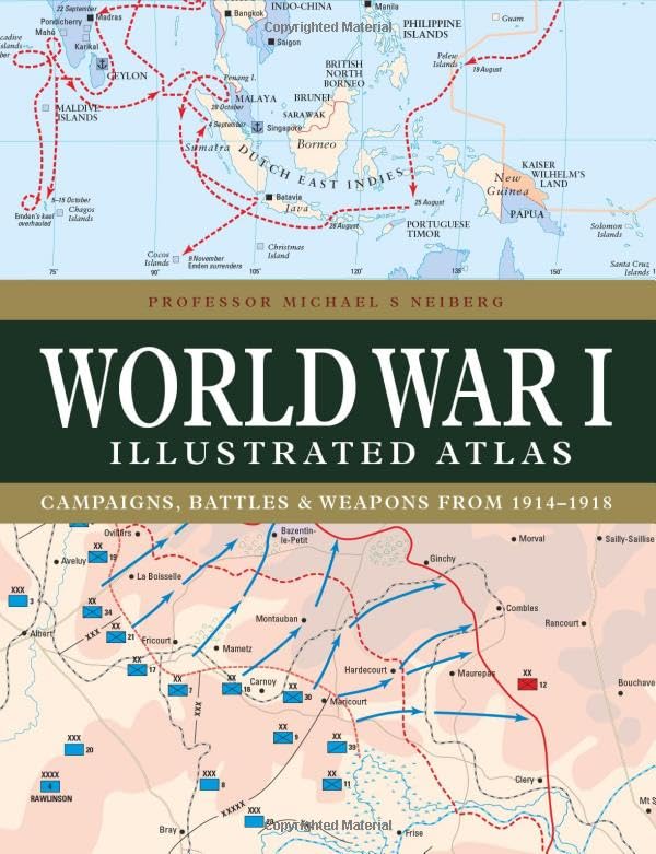 World War I illustrated atlas cover with maps of campaigns and battles.