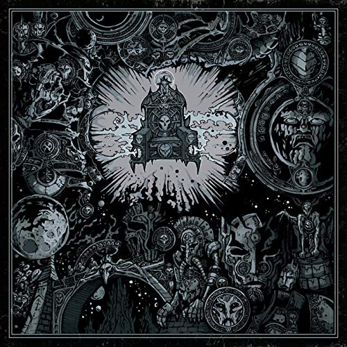 Dark, detailed album cover featuring a throne amidst celestial and skull imagery.