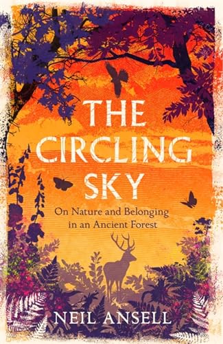 Book cover with deer, birds, forest, and orange sunset background.