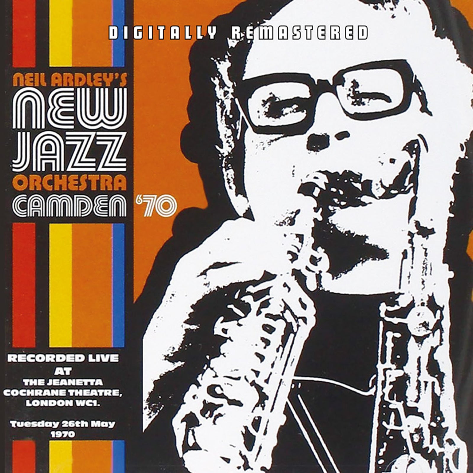 Album cover featuring a high-contrast illustration of a man playing a saxophone.