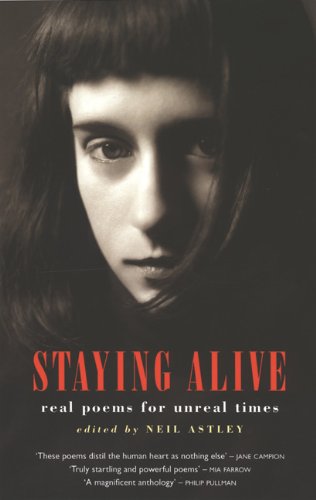 "Book cover with black-and-white portrait of a woman and red title 'STAYING ALIVE'."